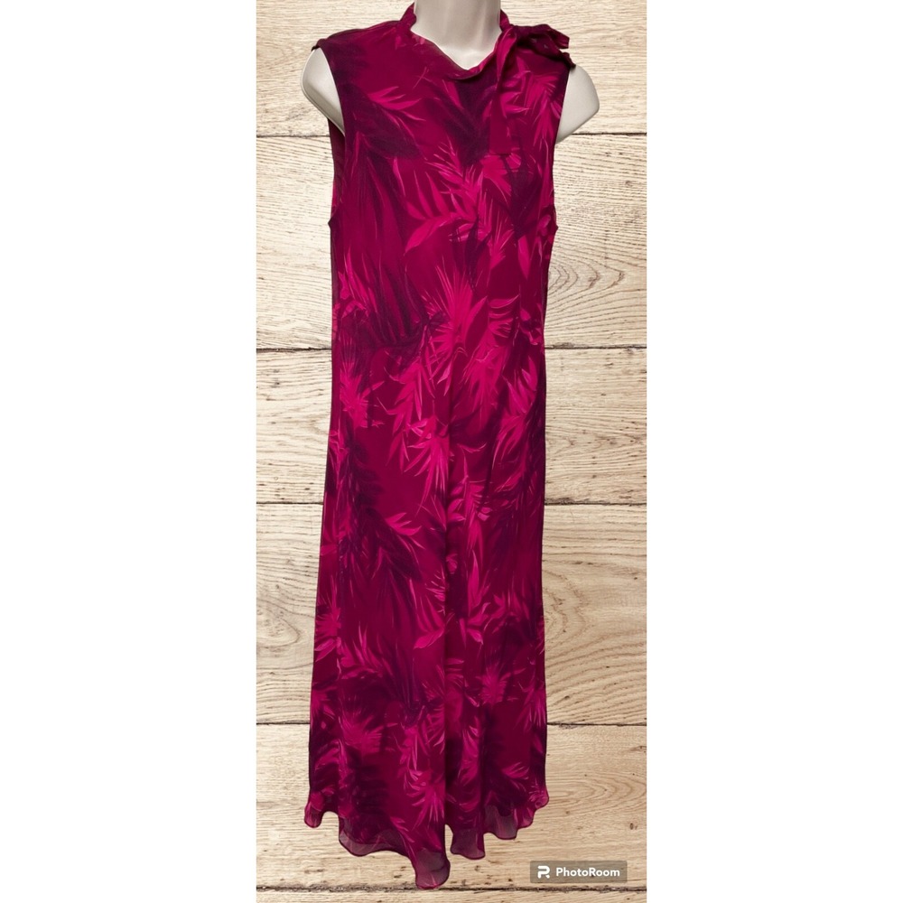 Talbots‎ Maxi Dress Size 14p tropical palms tie mock neck lightweight  travel